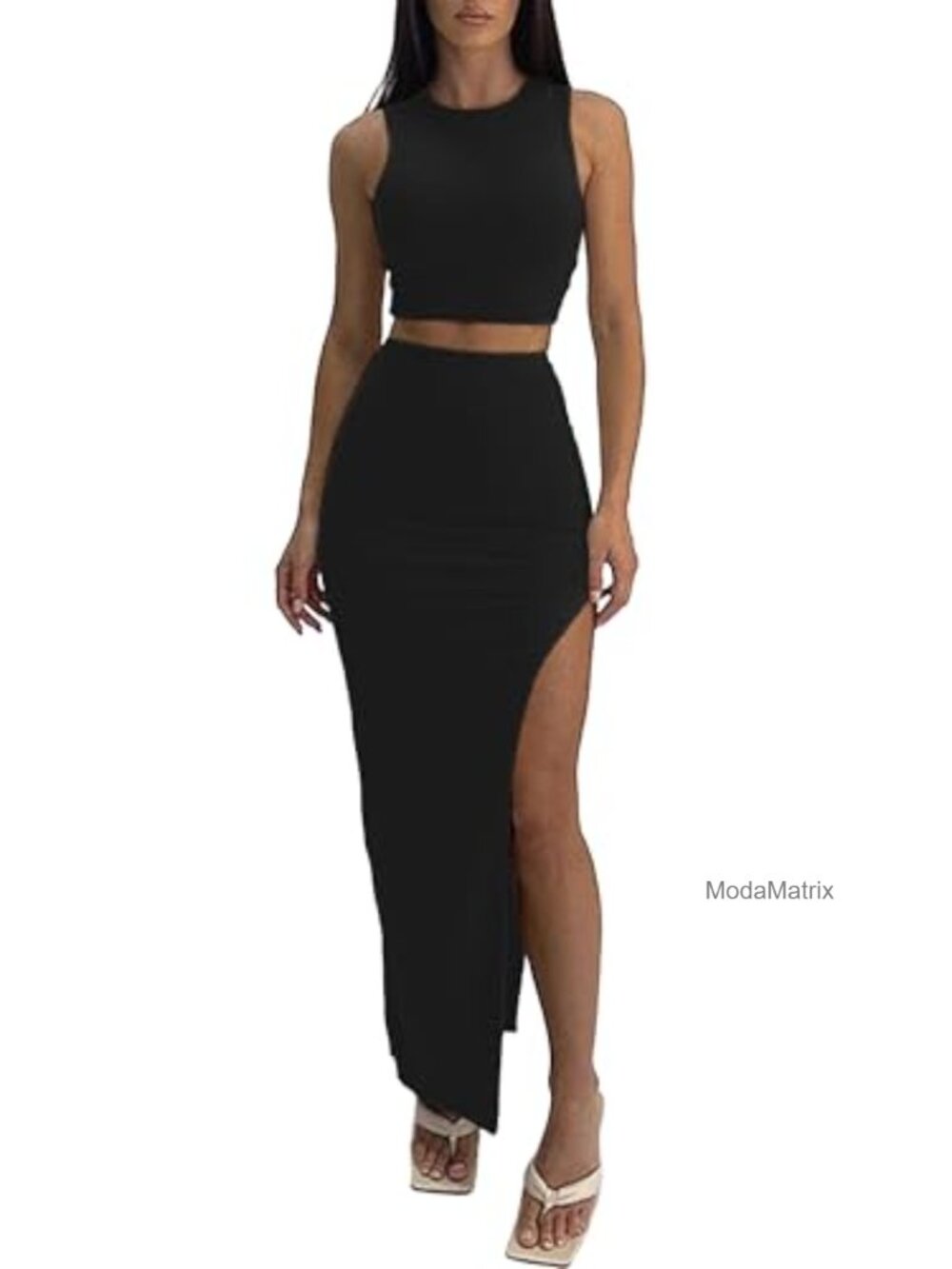 Sexy 2 Piece Maxi Skirt Set Sleeveless Crop Top Going Out Outfit Party